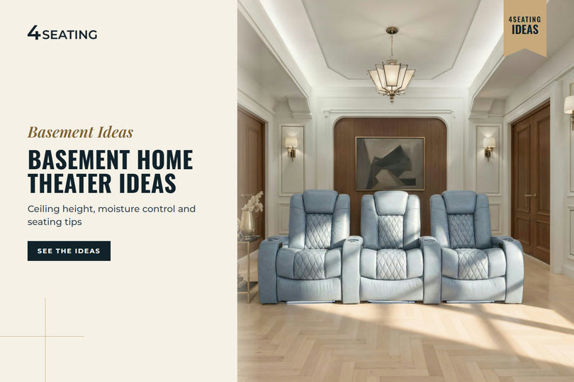 Row of Seatcraft Diamante smokey blue theater recliners in a moody basement home theater