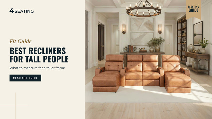 Two tan leather Seatcraft Kodiak chaise theater recliners with fully extended footrests flanking a center table.