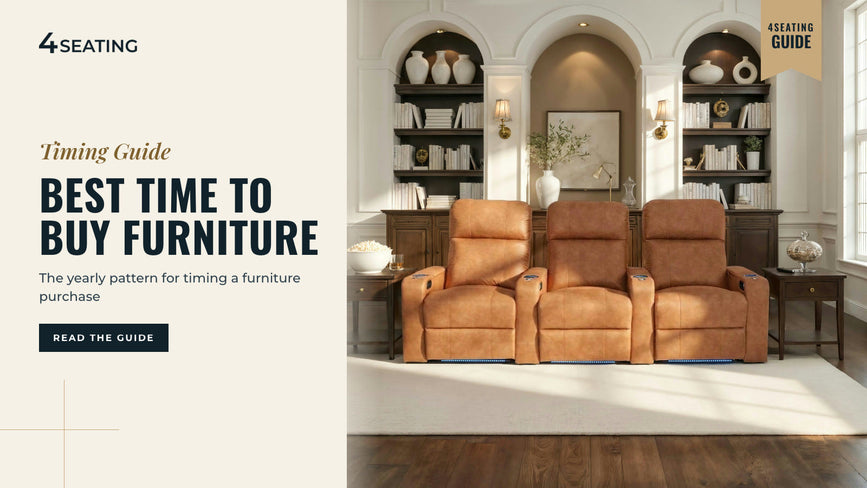 Row of three Seatcraft Julius tawny leather theater recliners in a home theater room with arched bookshelf niches