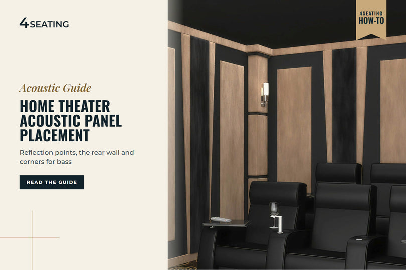 SoundRight Contemporary wall accent panels placed along the side and rear walls of a home theater with rows of black recliners