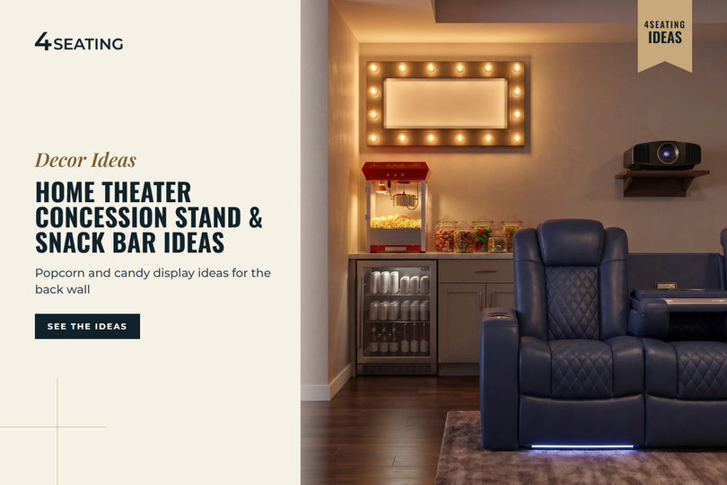 Navy diamond-stitch Seatcraft theater sofa beside a home concession corner with a popcorn machine, candy jars, drinks fridge and a projector on the back wall