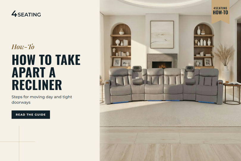 Curved row of gray Seatcraft Niagara Manual theater recliners with consoles in a bright living room with a fireplace and arched shelves