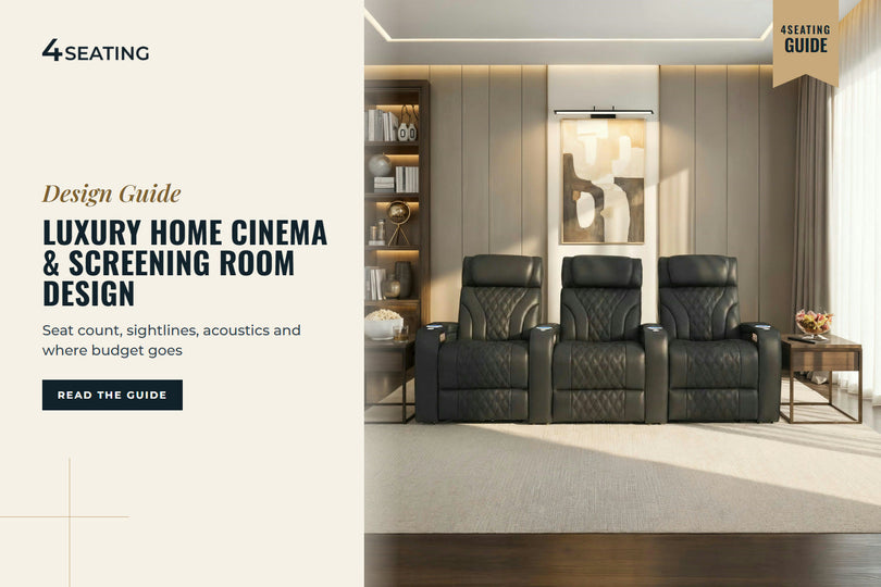 Row of five Seatcraft Luminis LT black leather theater recliners in a dramatic private screening room