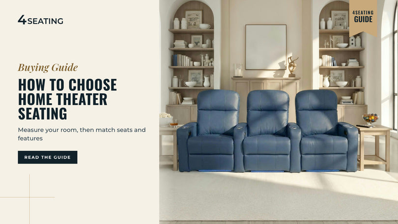 Row of three navy blue Seatcraft Venetian theater recliners in a bright living room with built-in shelving.