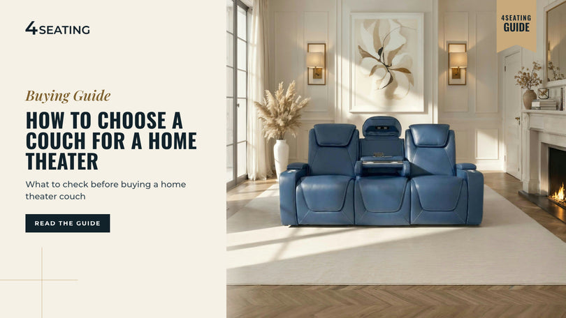 Seatcraft Concerto reclining sofa in navy blue leather in a home theater room