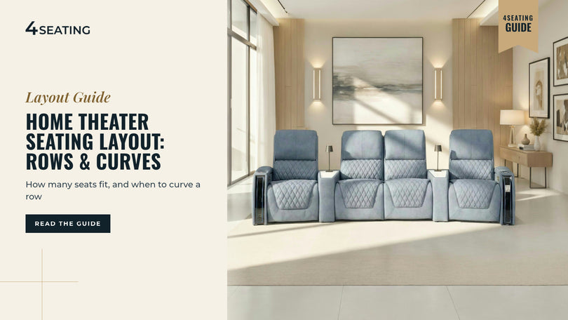 Curved row of four light blue Seatcraft Apex wedge-console theater recliners in a home theater room.