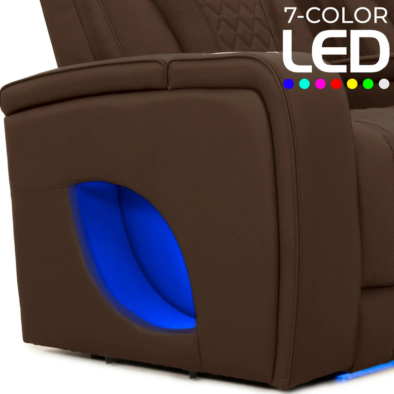 Luminis 365 HeatZeroᵀᴹ Big & Tall Leather Home Theater Seating in Chestnut - 7-Color LED Armrest Accent