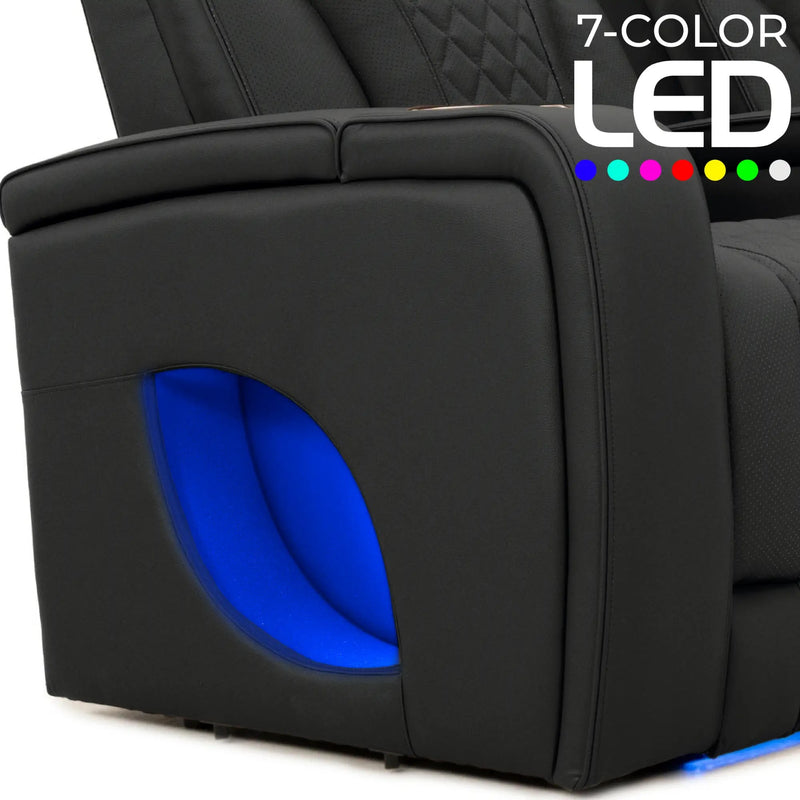 Luminis 365 HeatZeroᵀᴹ Big & Tall Leather Home Theater Seating in Ebony - 7-Color LED Armrest Accent