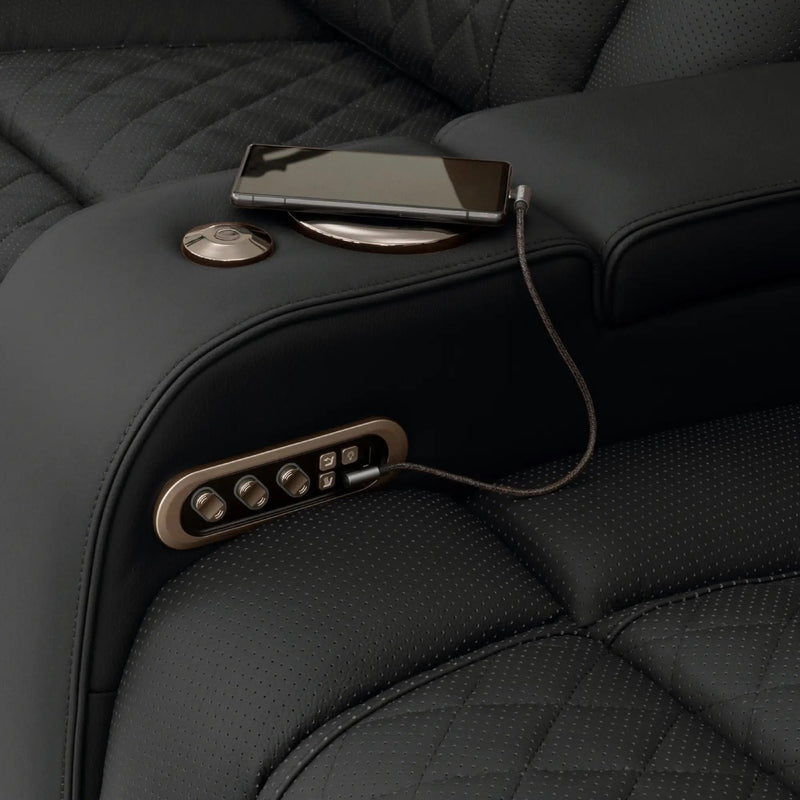 Luminis 365 HeatZeroᵀᴹ Big & Tall Leather Home Theater Seating in Ebony - USB-A / USB-C Charging Ports