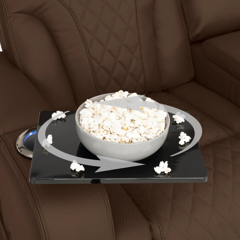 Luminis 365 Leather Home Theater Loveseat in Chestnut - Swivel Tray Table