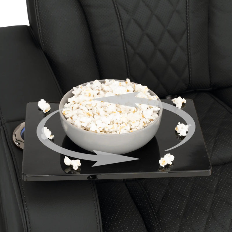 Luminis 365 Leather Home Theater Sofa & Loveseat in Ebony - Swivel Tray Table