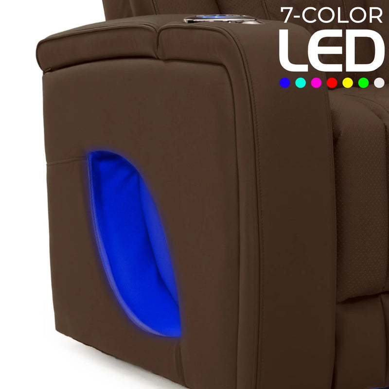 Luminis 365 Leather Home Theater Sofa in Chestnut - 7-Color LED Armrest Accent
