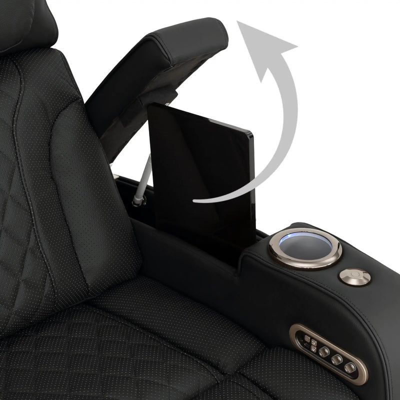 Luminis 365 Leather Home Theater Sofa in Ebony - Hidden In-Arm Storage