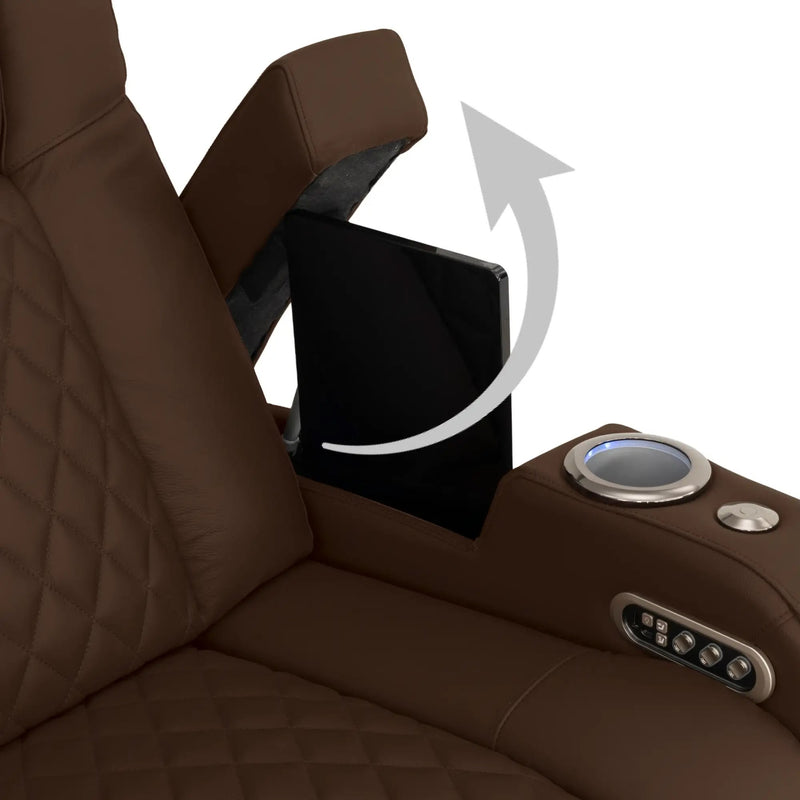 Virtuoso 365 HeatZeroᵀᴹ Leather Media Room Loveseat in Chestnut - Hidden In-Arm Storage