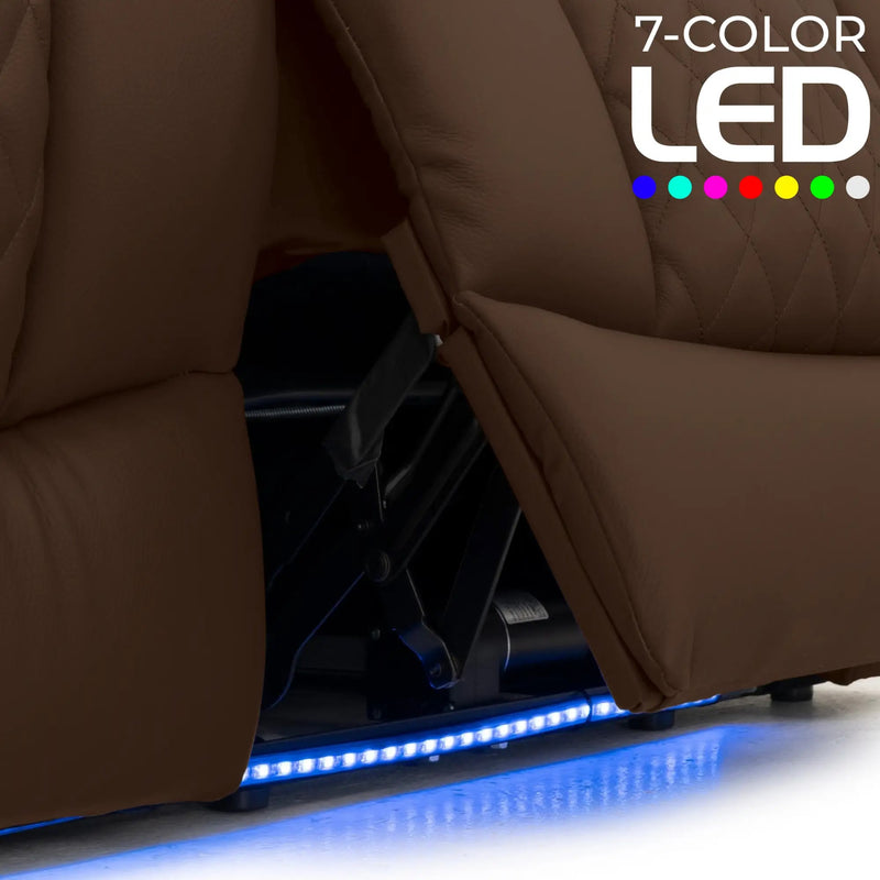 Virtuoso 365 HeatZeroᵀᴹ Leather Media Room Sofa in Chestnut - 7-Color LED Baselights
