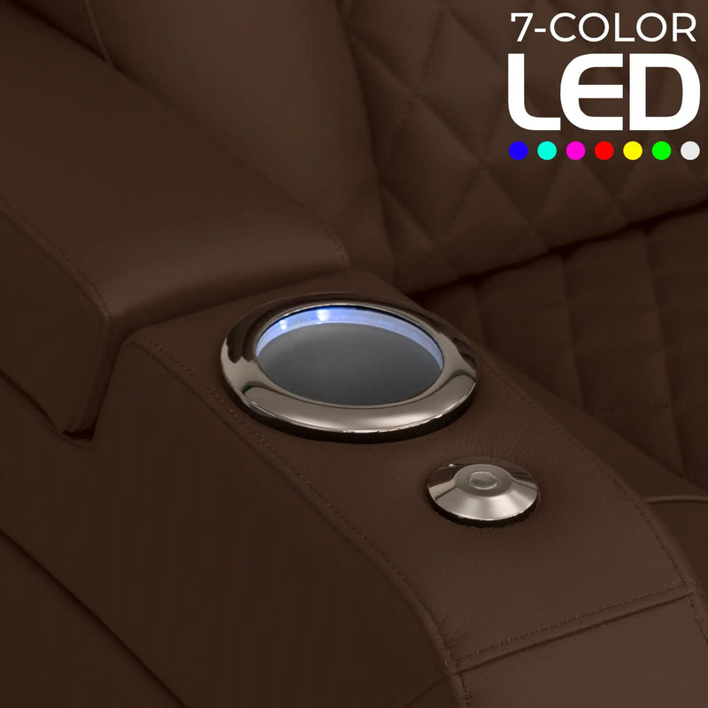 Virtuoso 365 HeatZeroᵀᴹ Leather Media Room Sofa in Chestnut - 7-Color LED Cupholders