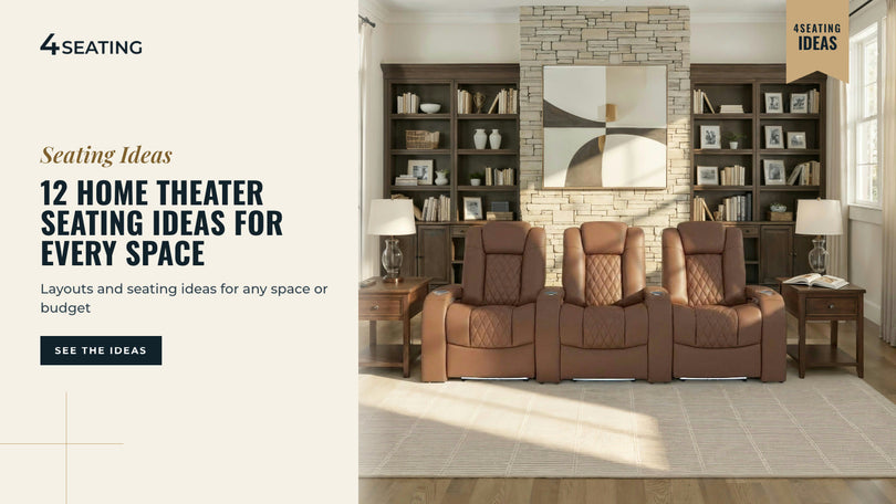 Row of five Seatcraft Virtuoso LT tobacco leather theater recliners with a console table in a styled media room