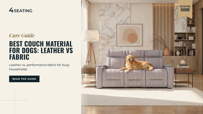 Golden retriever relaxing on the center seat of a gray Seatcraft Vesario power reclining sofa in a bright living room