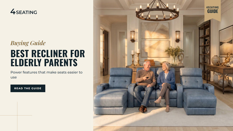 Older couple smiling in smokey blue Seatcraft Kodiak theater recliners in a warm, bright living room