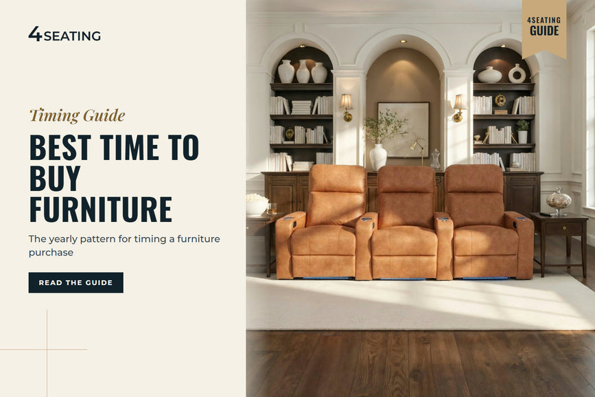 Row of three Seatcraft Julius tawny leather theater recliners in a home theater room with arched bookshelf niches