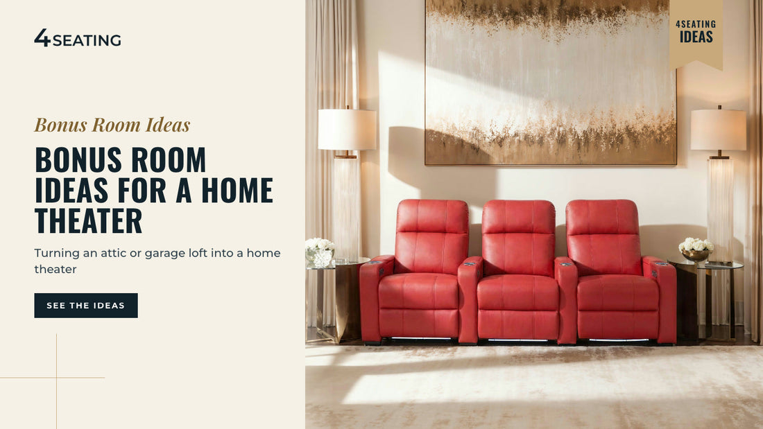Row of Seatcraft Monterey red theater recliners set up in a converted bonus room