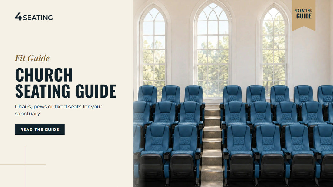 Rows of blue diamond-stitch Seatcraft Madrigal theater seats with a center aisle in a bright church hall with tall arched windows