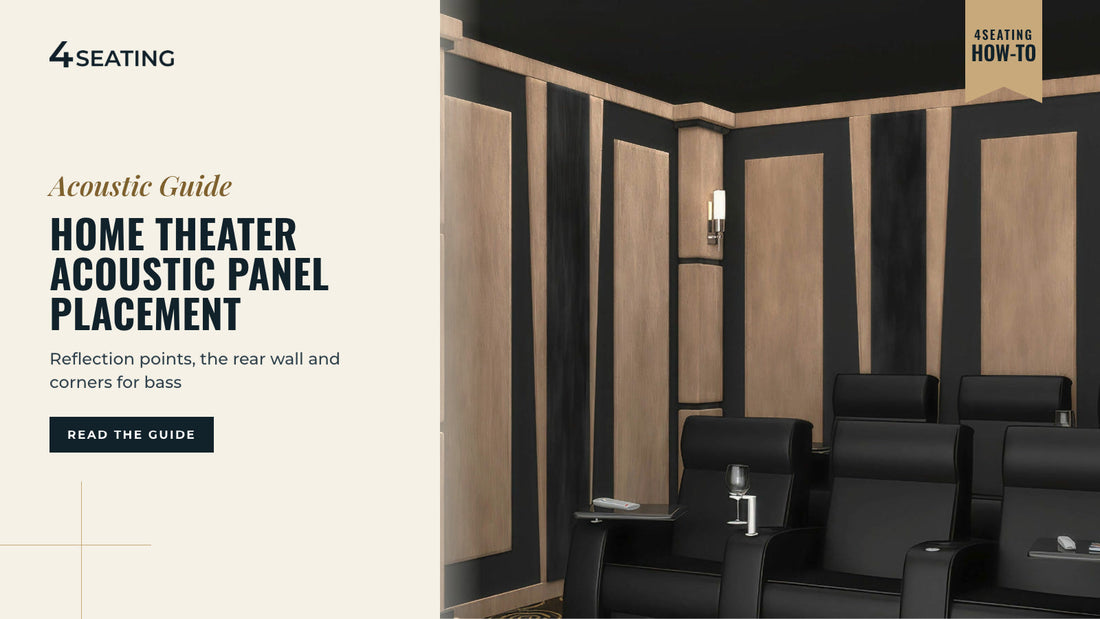 SoundRight Contemporary wall accent panels placed along the side and rear walls of a home theater with rows of black recliners