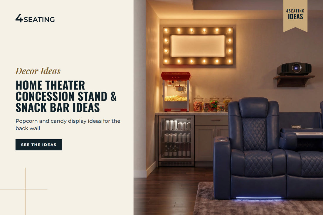 Navy diamond-stitch Seatcraft theater sofa beside a home concession corner with a popcorn machine, candy jars, drinks fridge and a projector on the back wall