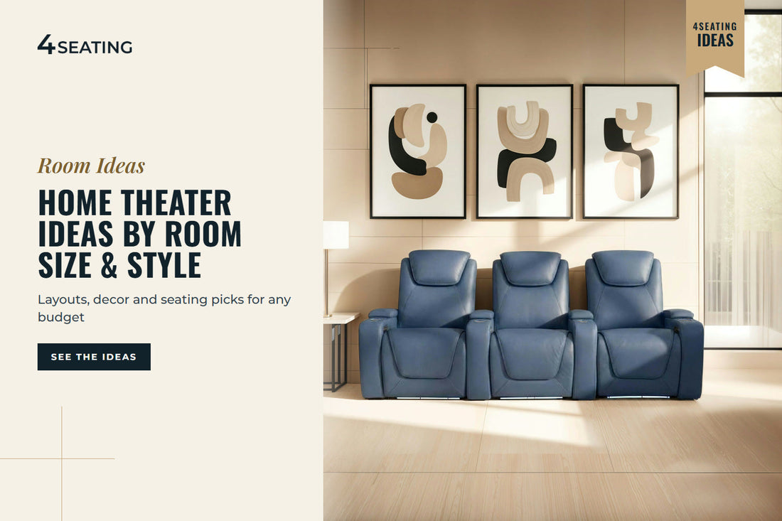 Row of Seatcraft Equinox navy blue theater recliners in a styled home theater room