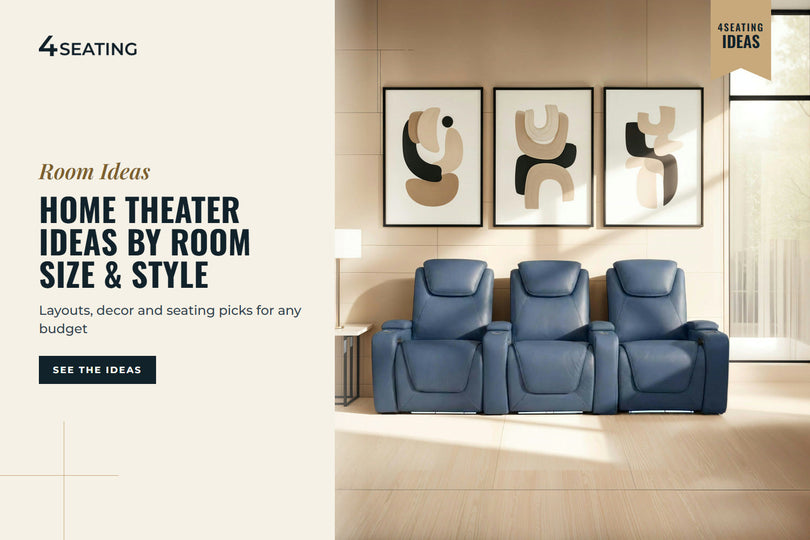Row of Seatcraft Equinox navy blue theater recliners in a styled home theater room