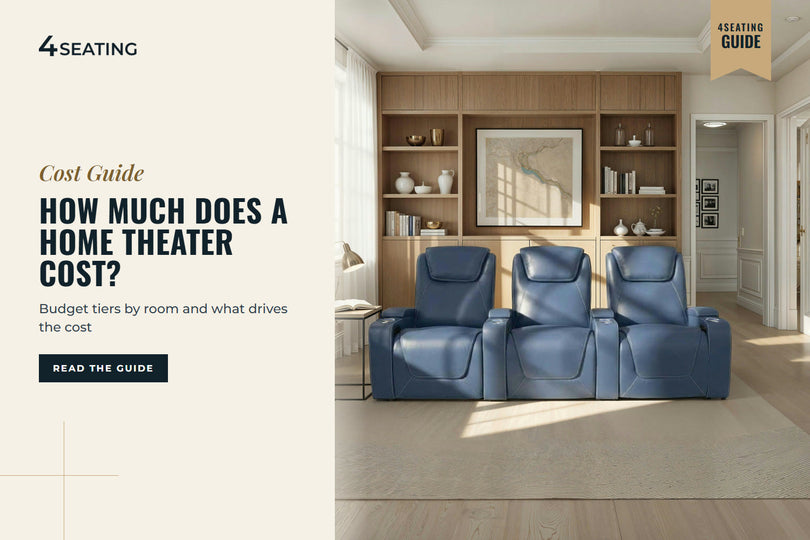 Row of three Seatcraft Pantheon navy blue theater recliners in a bright home theater room with a wood built-in