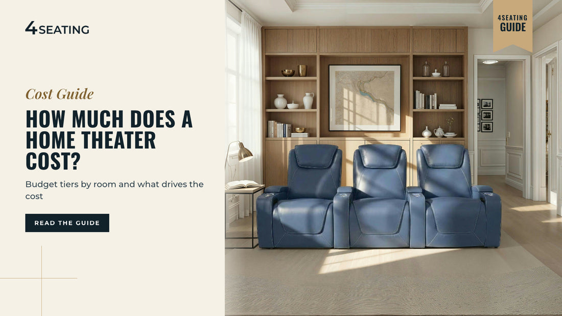 Row of three Seatcraft Pantheon navy blue theater recliners in a bright home theater room with a wood built-in