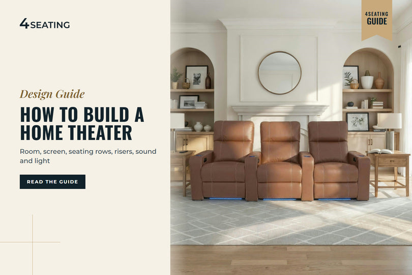 Row of three Seatcraft Dynasty tobacco leather theater recliners in a styled home theater room with built-in shelving