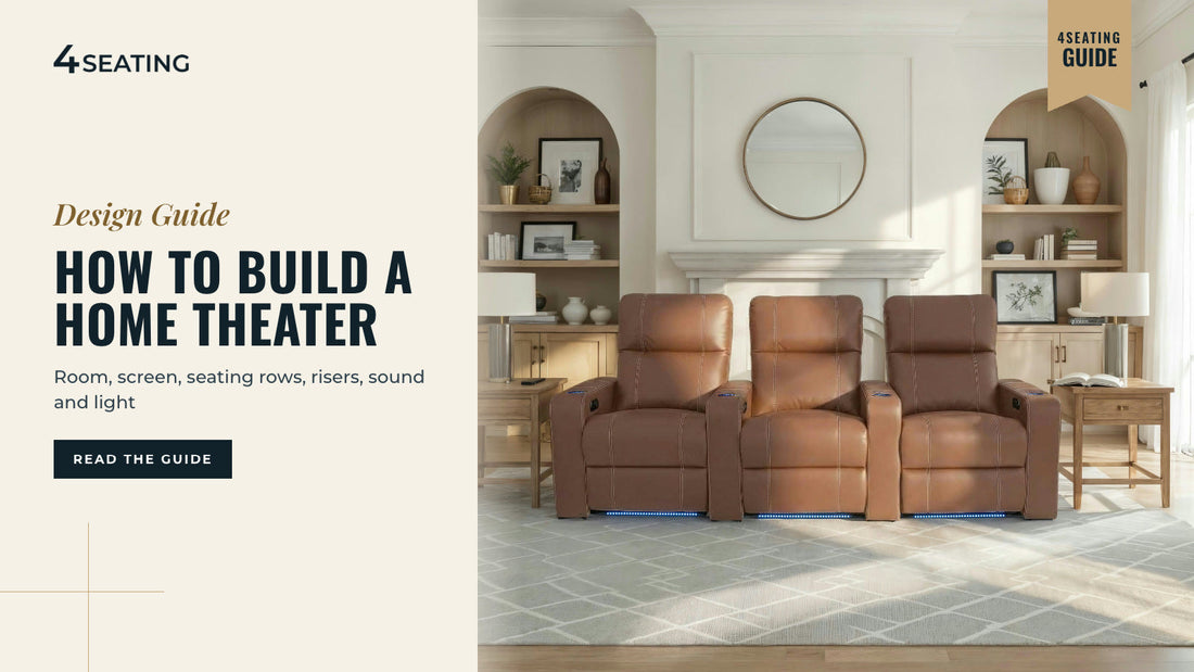 Row of three Seatcraft Dynasty tobacco leather theater recliners in a styled home theater room with built-in shelving