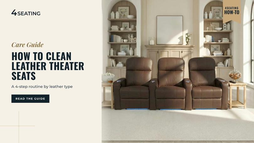 Row of three dark brown leather Seatcraft Venetian Manual theater recliners in a room with built-in bookshelves.