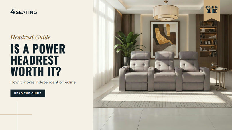 Gray Seatcraft Kodiak row of 3 with raised power headrests in a bright living room.
