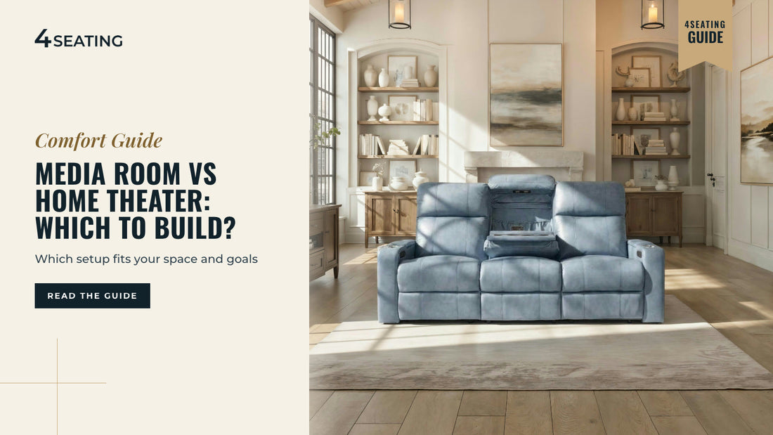 Seatcraft Octavius sofa in smokey blue leather styled in a media room