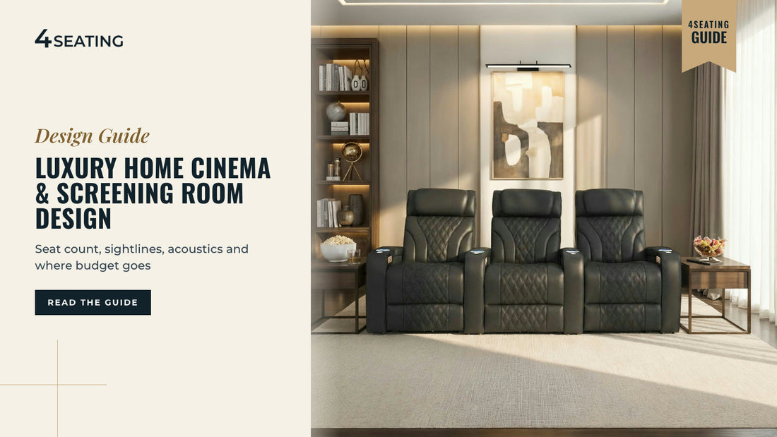 Row of five Seatcraft Luminis LT black leather theater recliners in a dramatic private screening room