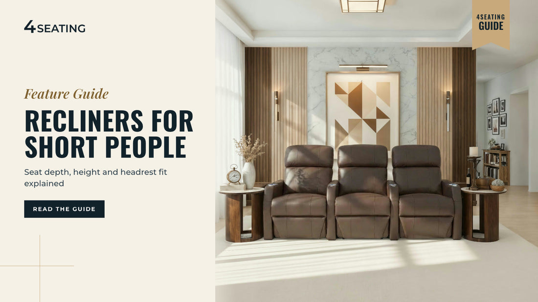 Row of three brown leather Sienna Spacesaver theater recliners with slim armrests in a living room.