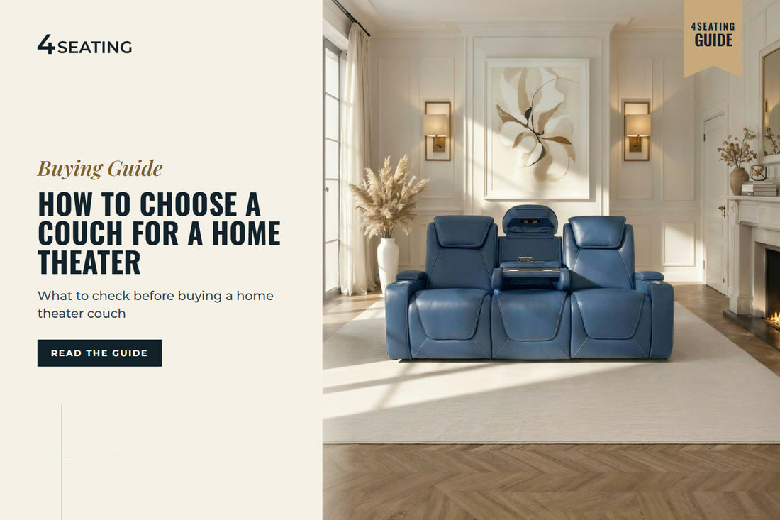Seatcraft Concerto reclining sofa in navy blue leather in a home theater room