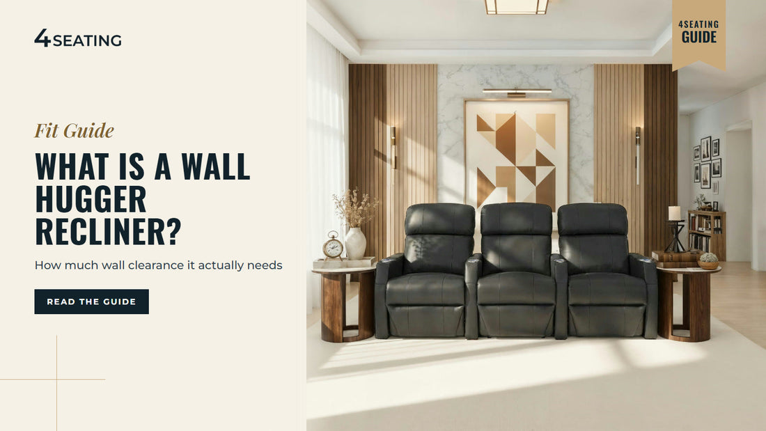 Black Seatcraft Sienna wall hugger recliner row of 3 against a wall in a bright room