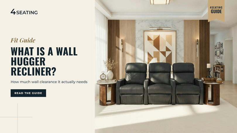 Black Seatcraft Sienna wall hugger recliner row of 3 against a wall in a bright room