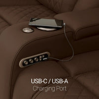 Luminis 365 HeatZeroᵀᴹ Big & Tall Leather Home Theater Seating in Chestnut - USB-A / USB-C Charging Ports
