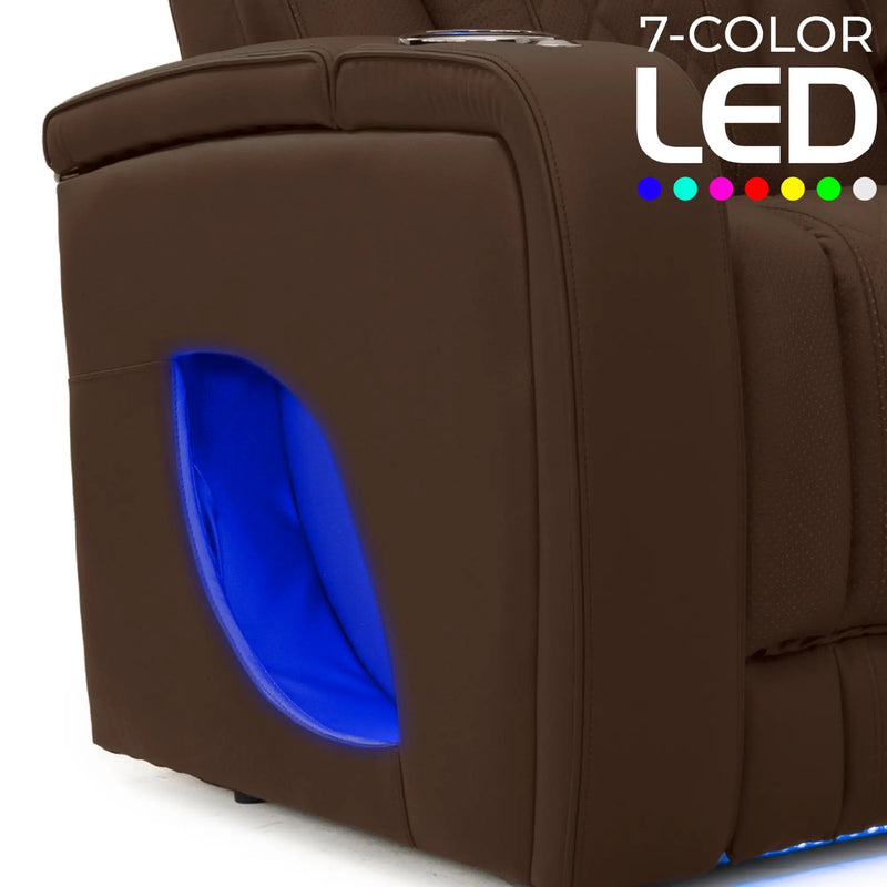Luminis 365 Leather Home Theater Loveseat in Chestnut - 7-Color LED Armrest Accent