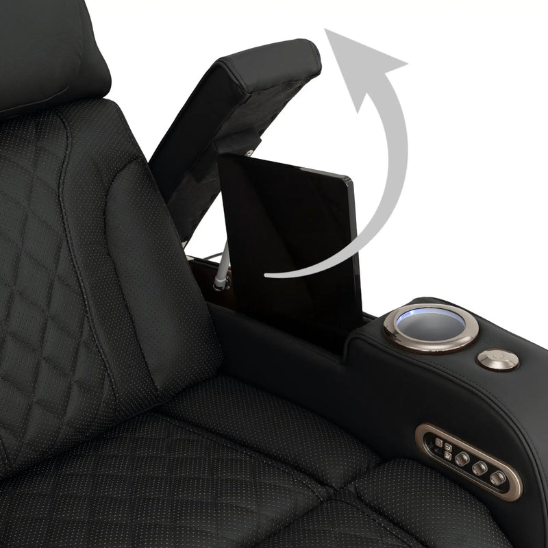 Luminis 365 Leather Home Theater Loveseat in Ebony - Hidden In-Arm Storage