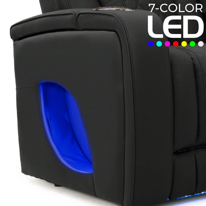 Luminis 365 Leather Home Theater Loveseat in Ebony - 7-Color LED Armrest Accent