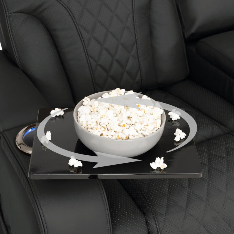 Luminis 365 Leather Home Theater Loveseat in Ebony - Swivel Tray Table