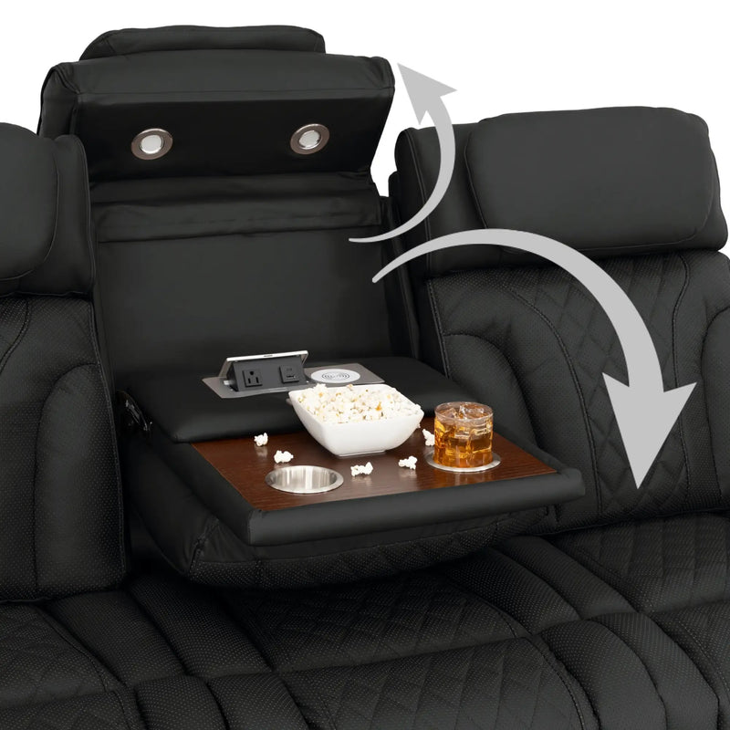 Luminis 365 Leather Home Theater Sofa in Ebony - Fold-Down Table