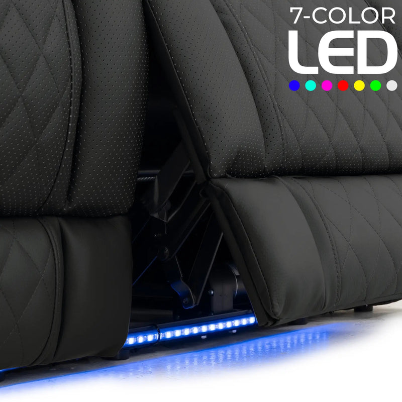 Luminis 365 Leather Home Theater Sofa in Ebony - 7-Color LED Baselights