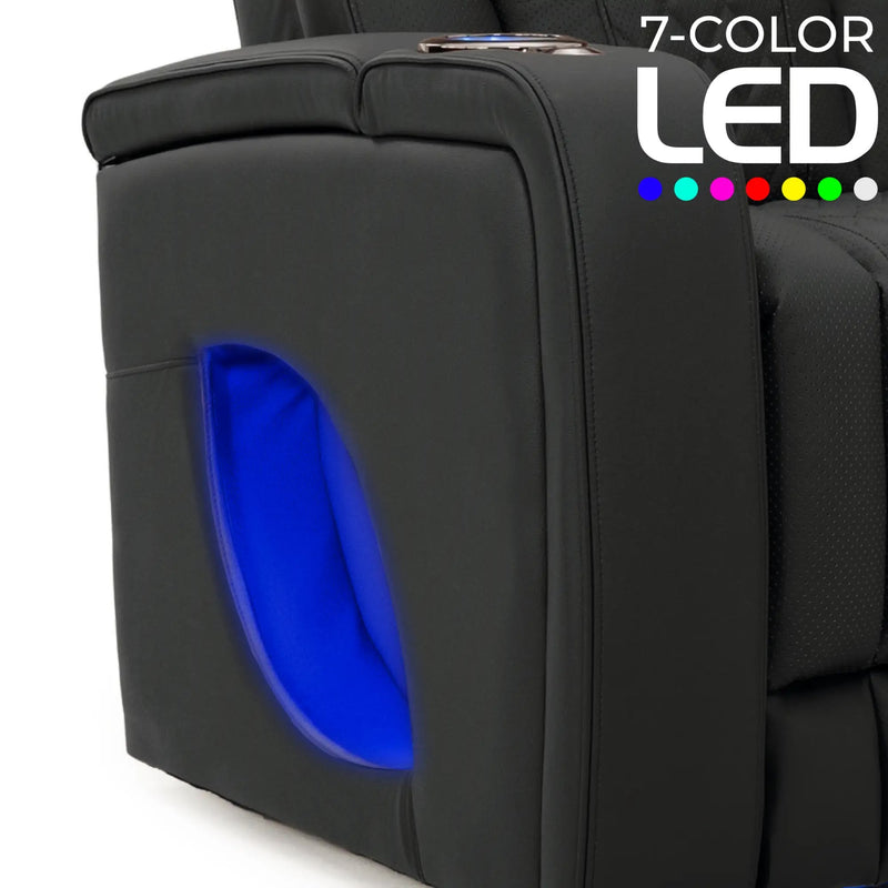 Luminis 365 Leather Home Theater Sofa in Ebony - 7-Color LED Armrest Accent